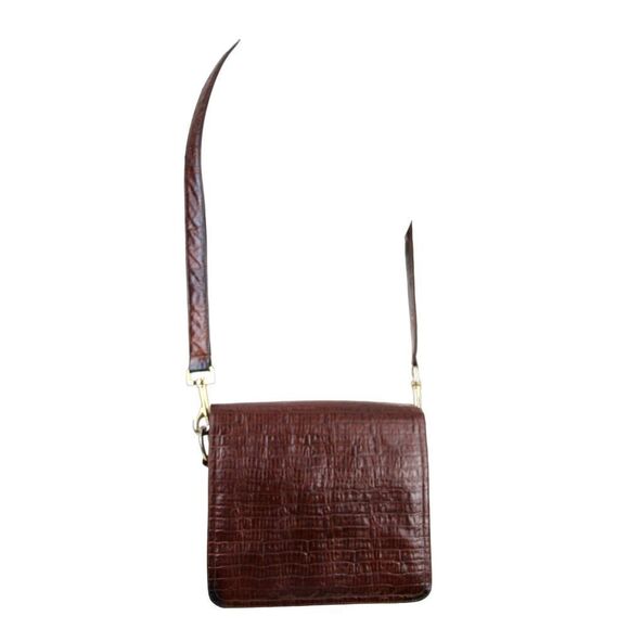 Neiman Marcus BROWN GENUINE LEATHER CROCO PRINT FLAP SHOULDER BAG X-BODY PURSE - Picture 2 of 15